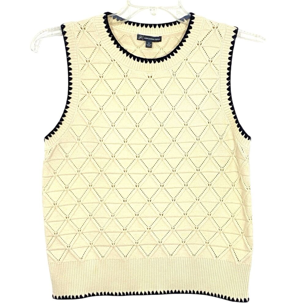 Adrianna Papel SMALL Cream Sweater Vest Black Trim Diamond Pattern Career  SOFT